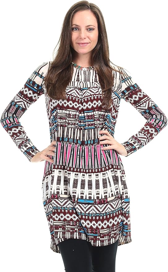 WT1464 Womens Print VNeck Long Sleeve Pleats Tunic Dress Top L BROWN