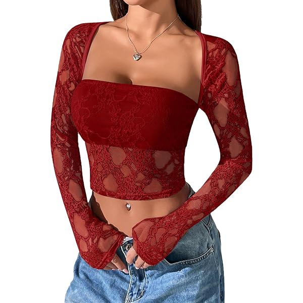 tシャツ stretch lace tops レディース Yoisdtxc Y2k Women Floral Lace T Shirt See-Through Mock Neck