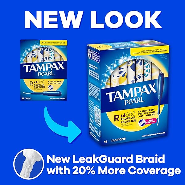 TAMPAX PEARL TAMPONS, WITH LEAKGUARD BRAID, REGULAR ABSORBENCY, UNSCENTED, 36 COUNT