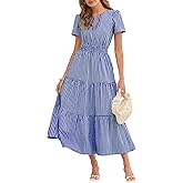 Caracilia Womens Summer Maxi Dresses 2026 Spring Casual V Neck Short Sleeve Gingham Flowy A-Line Beach Vacation Party Dress
