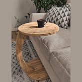 C Shaped End Table with Wheels, Slide Under Couch, Round Top, Natural | Space-Saving C-Shaped Design Round Top, Wheels for Easy Moving, Slides Under Couches and Sofas for Snacks and Drinks