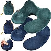 Xtinmee 2Pcs Self-Inflatable Pillow Soft Airplane Travel Pillow with Compact Bag for Long Flight Neck Cushion for Head Support Car Home Office 12.2x11.81x5.91in(Peacock Green, Blue)