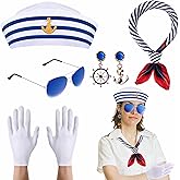 Watayo 5 Pcs Halloween Nautical Sailor Hat and Scarf Cosplay Outfit, Yacht Captain Sailor Cap Scarf Sunglasses Gloves Earrings, Halloween Sailor Costume Accessories for Women Men Dressing Up Party