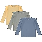 Cudlie 3-Pack Toddler Girls Ribbed Ruffle Tops – Stylish Long Sleeve Shirts for Kids –All-Day Comfort (12M-4T)