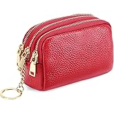 SENDEFN Small Coin Purse Leather 3 Zippered Change Pouch Wallet with Key Ring for Women
