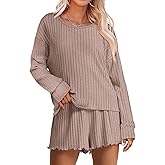 ANRABESS Women's 2 Piece Lounge Pajama Sets Casual Ribbed Long Sleeve Top Matching Shorts Sleepwear PJ Set 2025 Fall Outfits