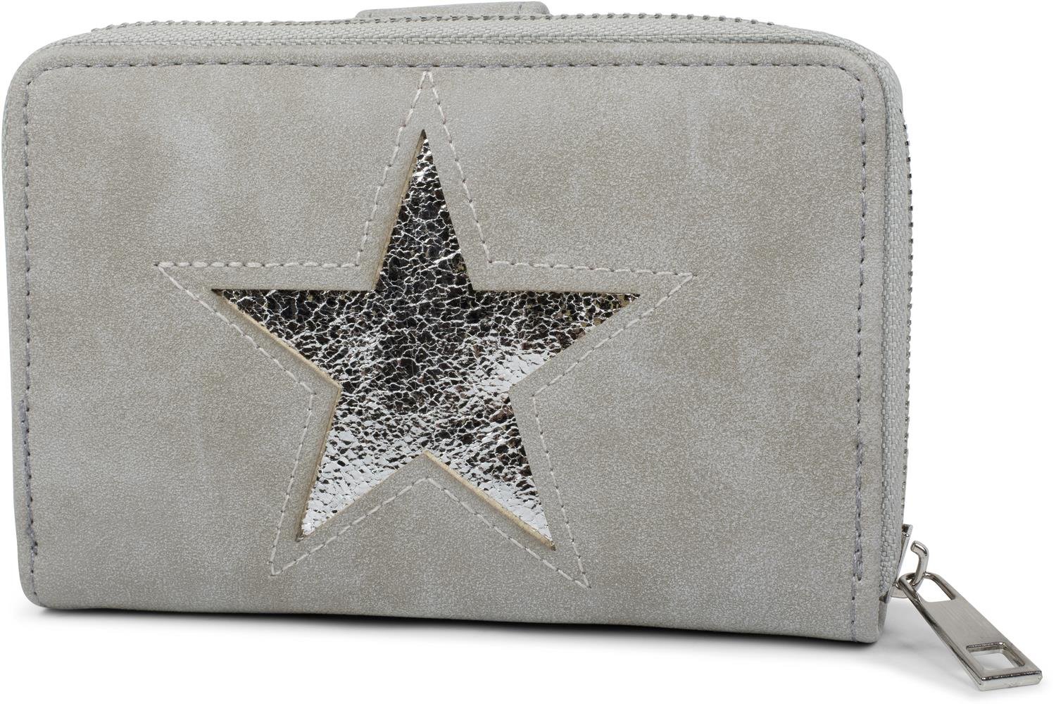 styleBREAKER Purse with Star Cutout in Metallic or Sequin Look, All-Round Zip, Purse, Ladies 02040076, Colour:Light Grey-Metallic Silver