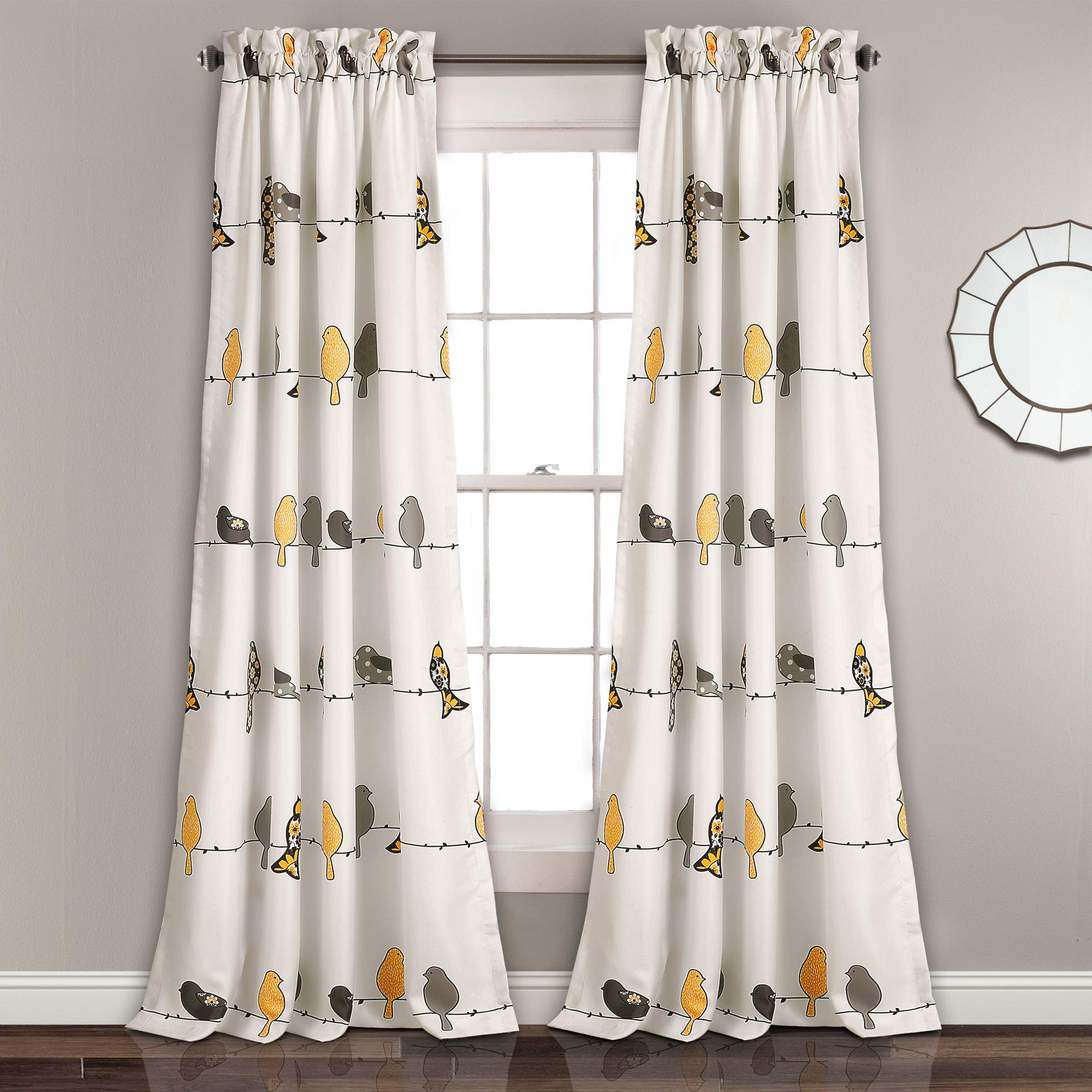 Lush Decor Rowley Birds Curtains Room Darkening Window Panel Set for Living, Dining, Bedroom (Pair), 95” x 52”, Yellow and Gray, L, Yellow & Gray