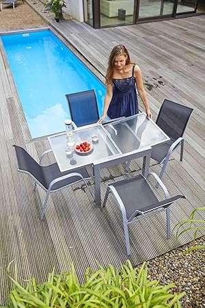 Ausziehtisch Gartentisch Terrassentisch | 70x70 cm | Grau | Aluminium | Glas | Ausziehbar