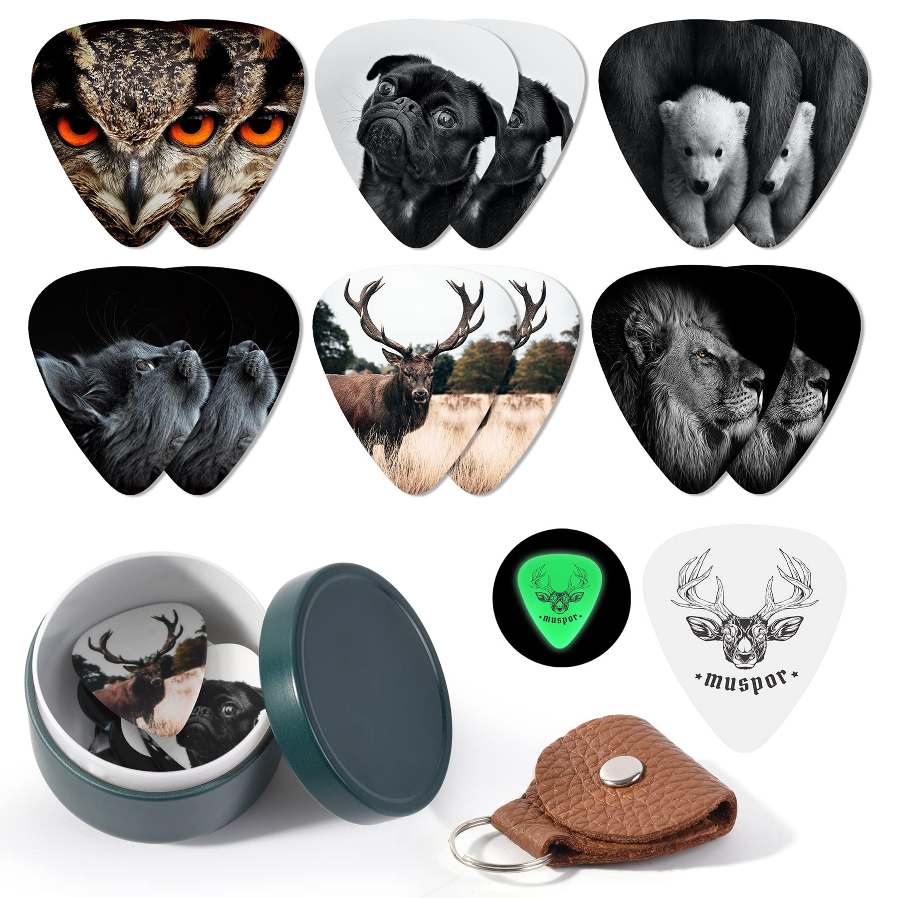 Alnicov 13 Medium Gauge Celluloid Guitar Picks with Box and Holder, Perfect for Bass, Electric & Acoustic Guitars