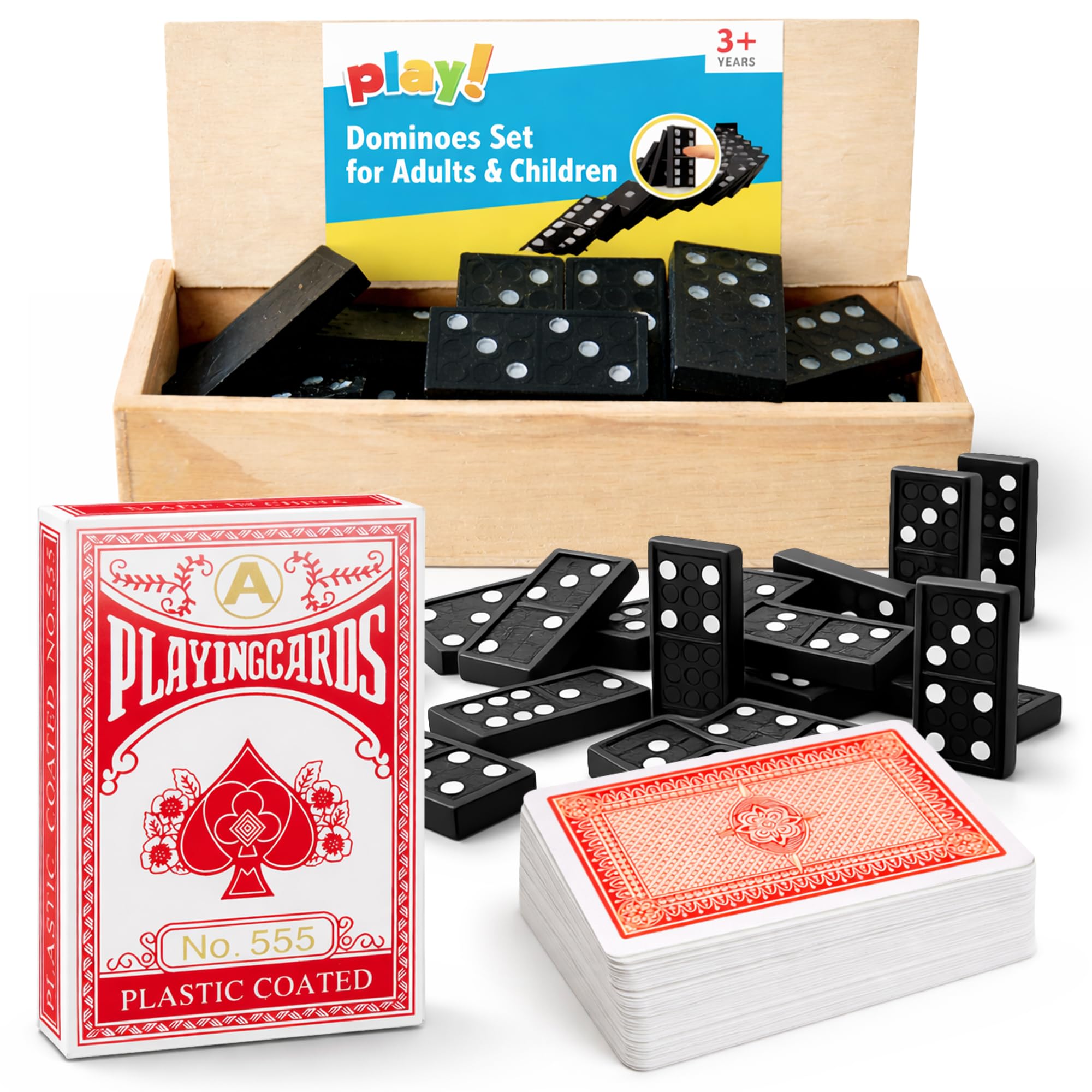 SOL 2 Pack Playing Cards and 28pk Dominoes Set for Adults or Children, Mini Plastic UK Deck Multipack, Waterproof Poker, Dominos in Wooden box, Cool Traditional Funny Game with Family and Friends