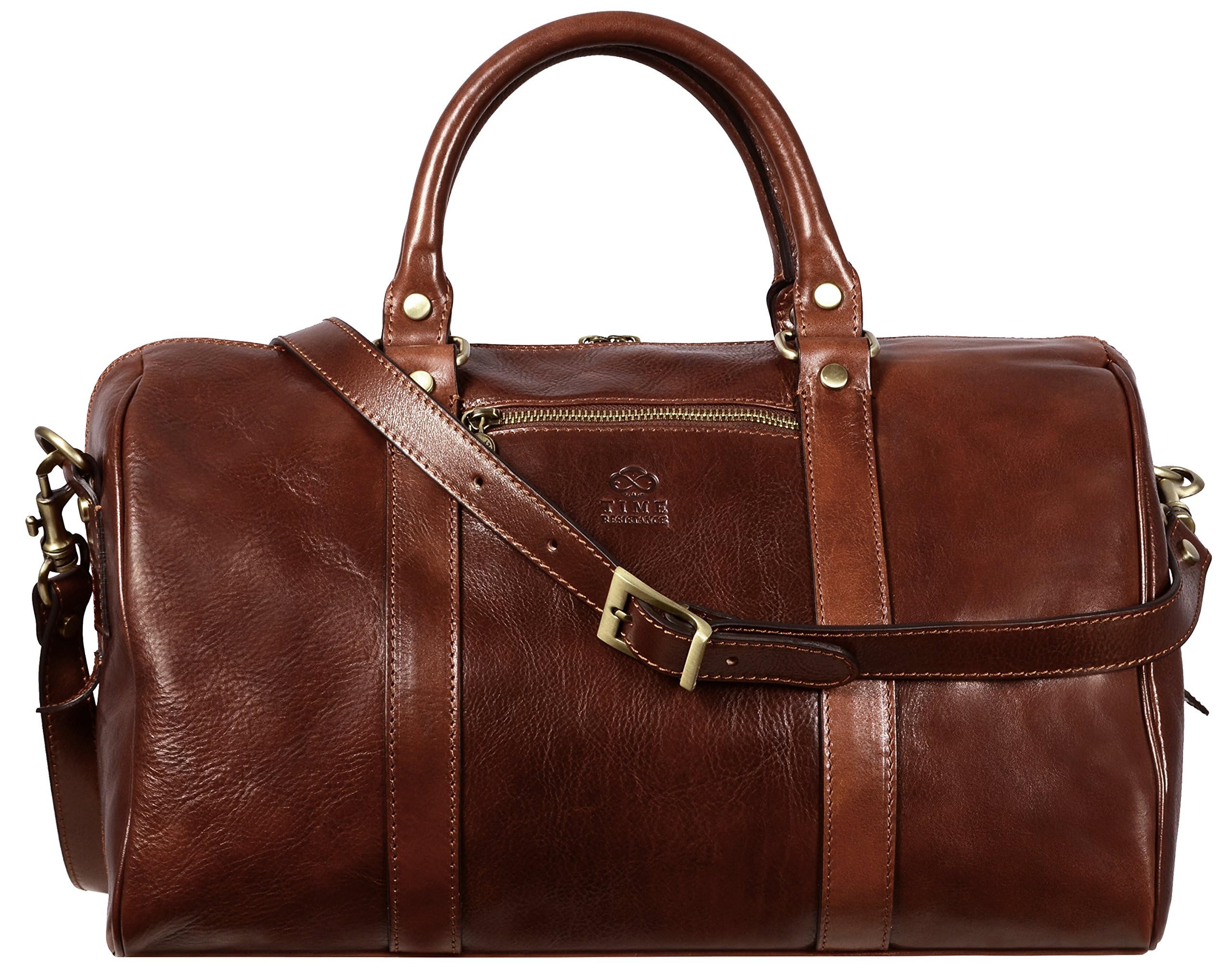 Time Resistance Leather Duffel Bag - Overnight Weekender Full-Grain Leather (Brown)