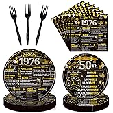 Refavor 50th Birthday Decorations for Men Women, 96PCS Birthday Party Plates and Napkins Forks Supplies, Black and Gold Over the Hill Birhday Disposable Party Tableware Decor (24 Guests)