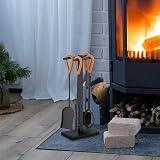Relaxdays 5pc Fireplace Tool Set Black Metal Stand Ash Shovel Broom Tongs view 6