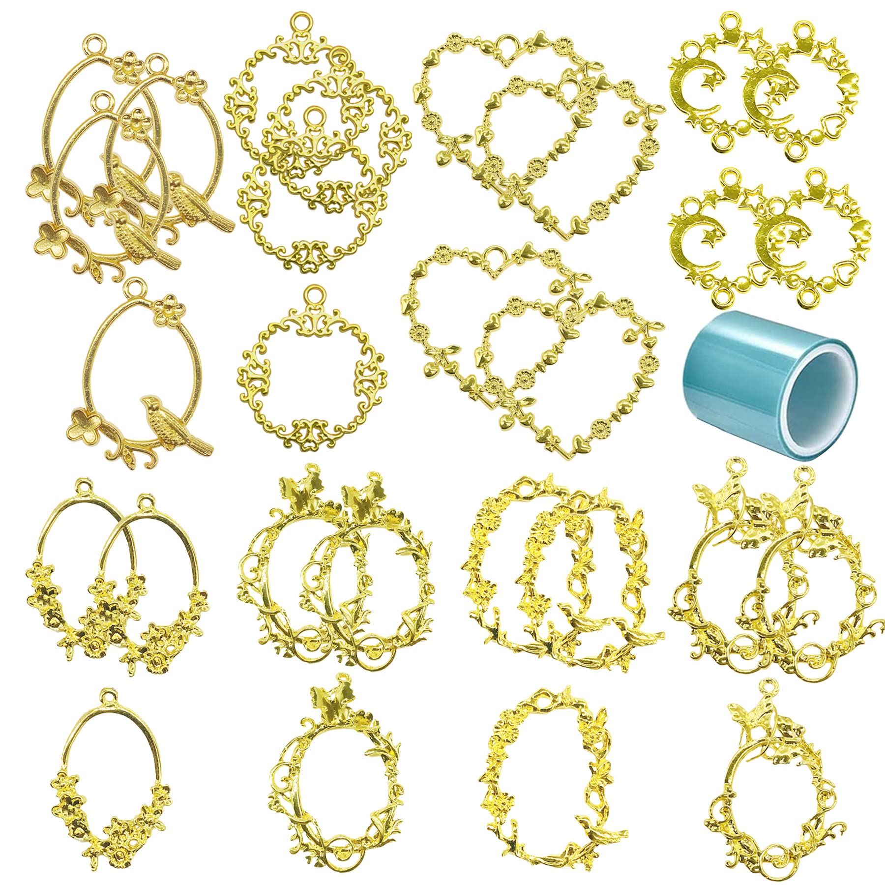 Allazone Open Bezel Charms, 28 PCS Flowers and Birds Open Bezels for Resin 8 Style Alloy Frame Pendants Hollow Frames with Necklace
