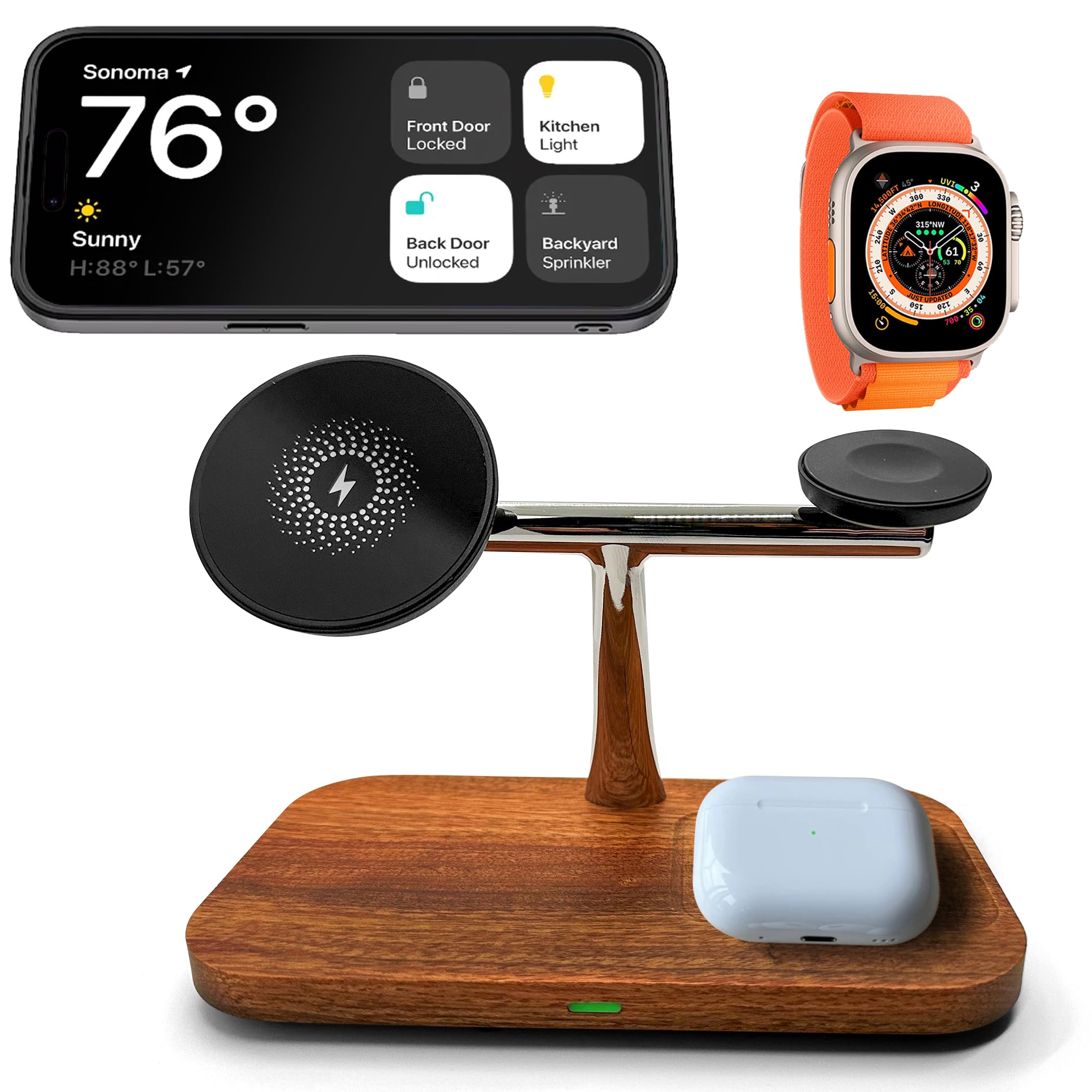 Photo 1 of Eden Grove 3-in-1 Natural Wood Wireless MagSafe Compatible Magnetic Charger Stand Station - 2ND GEN - for Apple iPhone 16/15/14/13/12, Plus, Mini, Pro, ProMax, Apple Watch AirPods, Fast Charging 15W