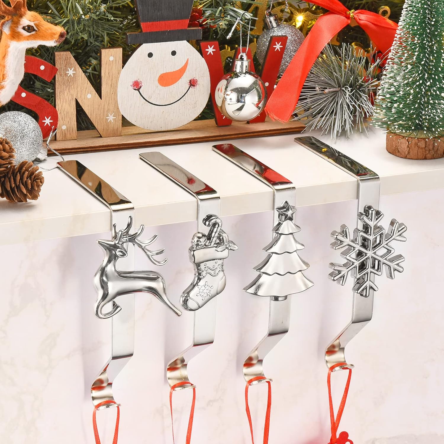 Stockings & Holders - Christmas Stocking Holders for Mantle Set of 4, Weighted Stocking Hangers for Mantel Fireplace, Stocking Hooks for Xmas Decoration (Silver)