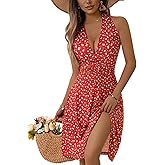 HUHOT Women's Summer Sundress Sleeveless Halter Neck Spring 2025 Floral with Pocket Elastic Waist Ruffle Mini Dresses