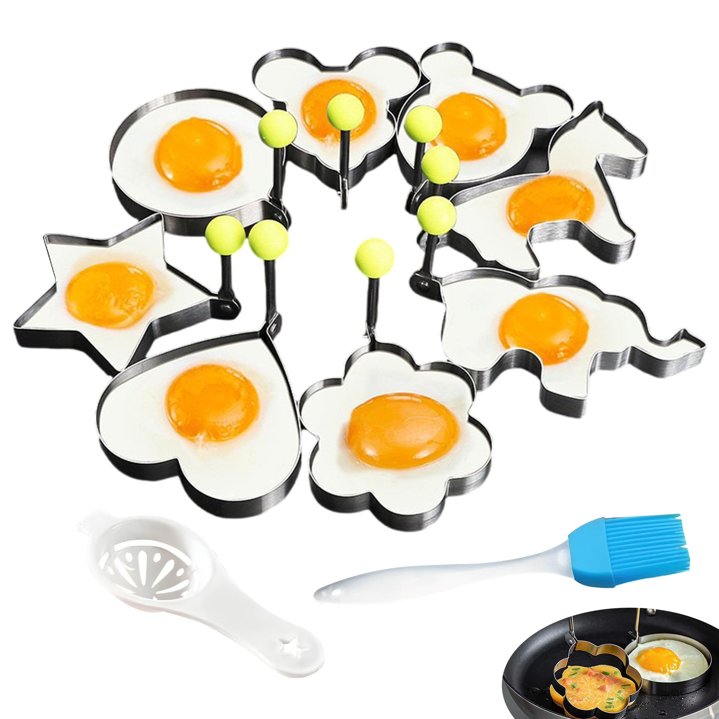 Stainless Steel Fried Egg Shaper Pancake Mold, 8 Pcs Omelette Molds, 8 Shapes Non-stick Omelet Form Maker with Handle for Sandwich Burgers Pancake