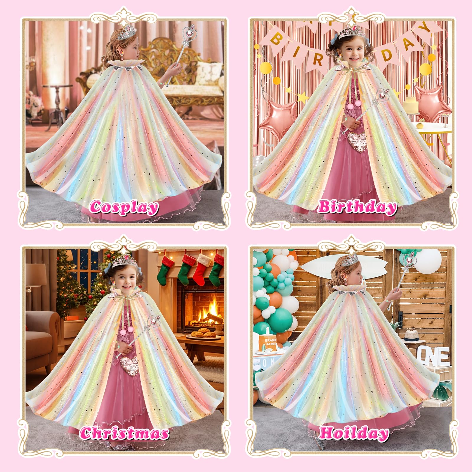URCUZER Princess Tent with 13PCS Dress Up for Girls, Castle Playhouse with Star Lights for Kids Indoor and Outdoor Games (Rainbow)