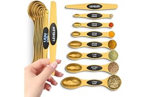 HOWGOODY Magnetic Measuring Spoons Set with Strong N45 Magnets, Heavy Duty Stainless Steel Metal, Fits in Most Kitchen Spice Jars for Baking & Cooking, BPA Free, Multicolor, Set of 8 with Leveler(Gold)