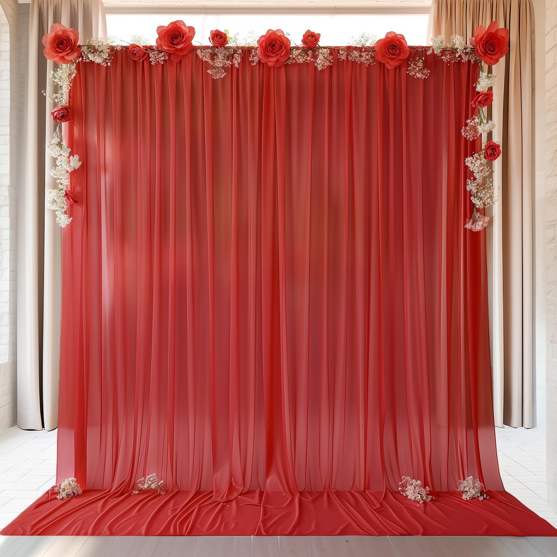 Photo 1 of 10ft x 10ft Red Backdrop Curtain Drapes, Wrinkle-Free Sheer Chiffon Fabric Photo Backdrop Panels for Wedding Arch Party Ceremony Stage Decoration