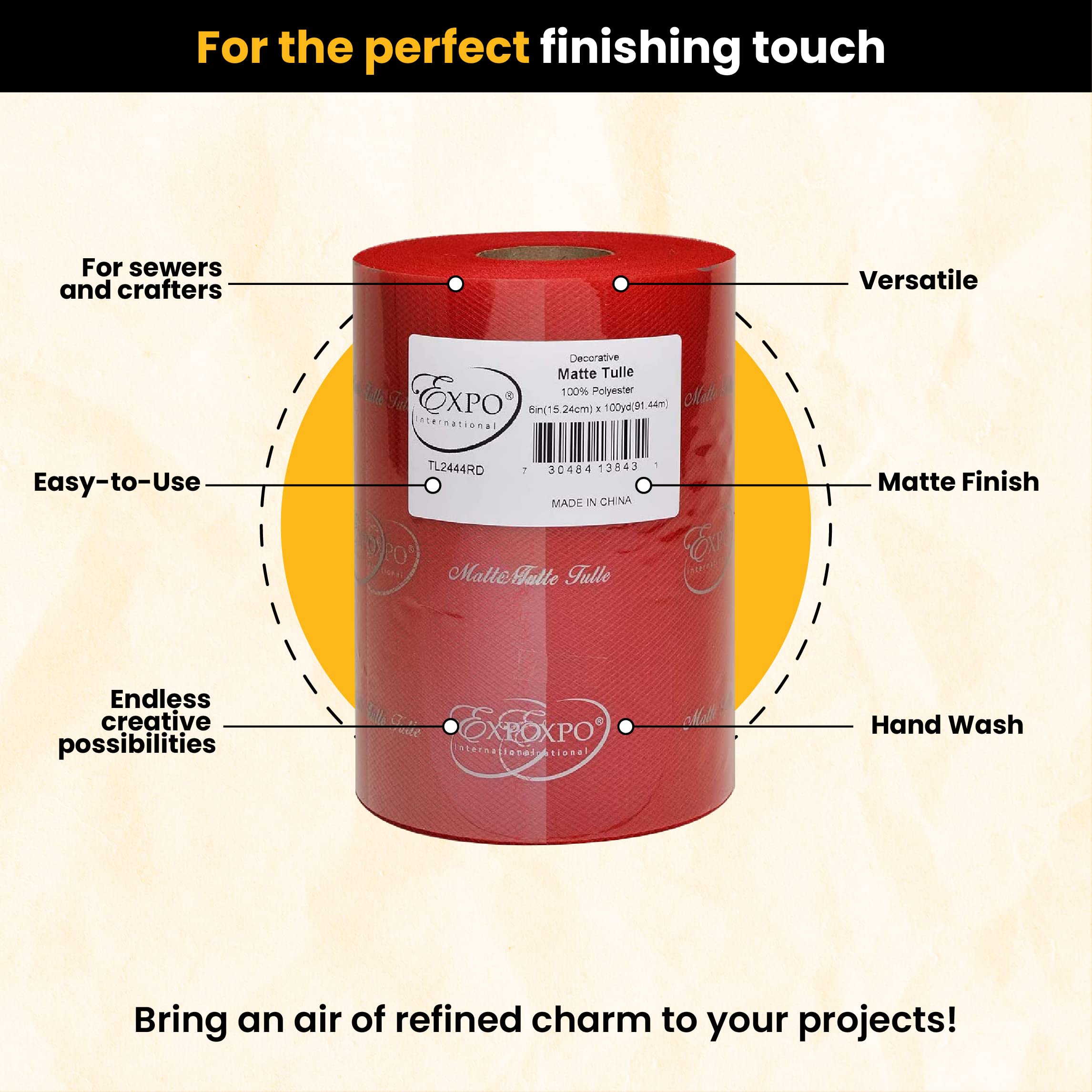 Expo International Decorative Matte Tulle, Roll/Spool of 6” X 100 Yards, Lightweight Polyester Tulle Fabric for Tutus, Costumes, and Party Decorations, Washable, Easy-to-Use, Red