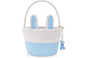 MELLBAY Easter Baskets for Kids, Blue Big Personalized Bunny Easter Basket Empty with Handle, Basket Tags, Woven Rope Egg Easter Baskets for Boys, Girls, Babies, Toddler, Infant, Easter Basket Gifts for Boys
