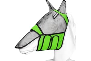 HANDWITH Horse Fly Mask, Elasticity Lycra Horse Fly Mask with Ears, UV Protection and Long Nose Detachable Cover Fly Mask, Reflective Strip Design Cow Fly Mask, Green Large Size