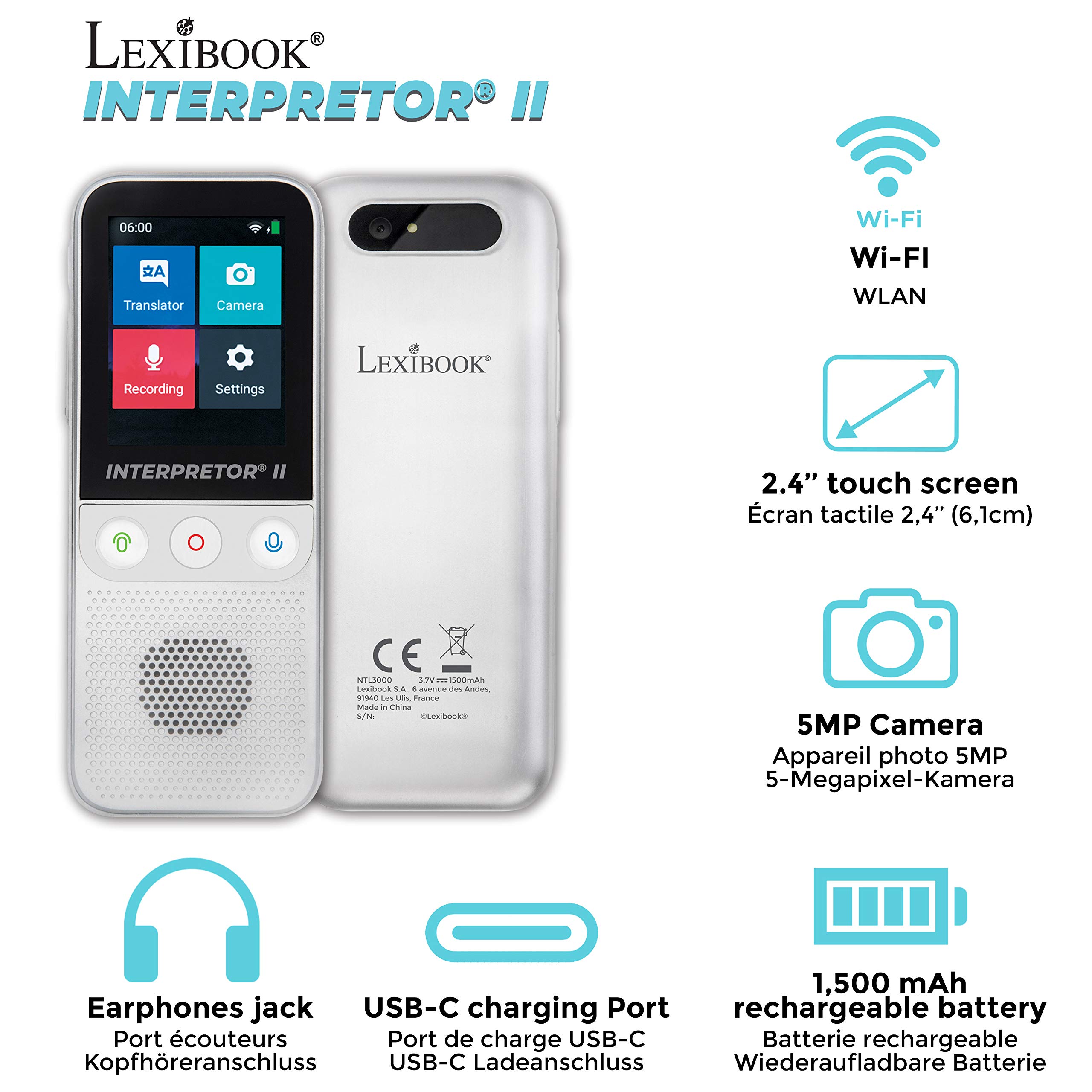 LEXiBOOK NTL3000 Interpretor 2-137 Languages Instant Voice, Photo, Memo Translation, Multilingual Portable Speaking, Earphones Jack, Wi-Fi and Offline