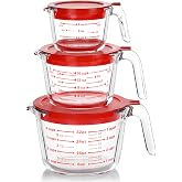 M MCIRCO 6 Pcs Glass Measuring Cups with Lids Set, 1 Cup, 2 Cup, 4 Cup | Measuring Jugs with Handle, Nesting Liquid Measuring