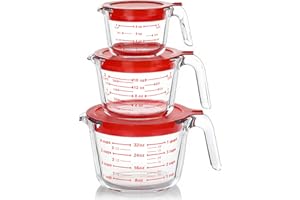 M MCIRCO 6 Pcs Glass Measuring Cups with Lids Set, 1-Cup, 2-Cup, 4-Cup Measuring Jugs with Handle, Nesting Liquid Measuring C