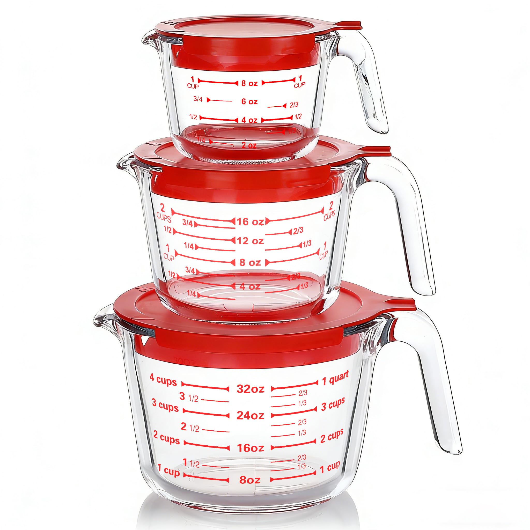 Photo 1 of ***(MISSING 2/ ONLY 4 CUP WITH LID)***M MCIRCO 6 Pcs Glass Measuring Cups with Lids Set, 1-Cup, 2-Cup, 4-Cup Measuring Jugs with Handle, Nesting Liquid Measuring Cups for Kitchen