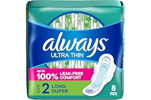 Always Ultra Thin Feminine Pads with Wings for Women, Size 2, Long Super Absorbency, Unscented, Up to 100% Leak-Free Protecti