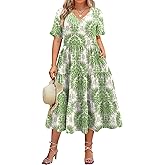 IN'VOLAND Womens Plus Size Short Sleeve Dress Summer Midi Casual Tiered V-Neck Aline Flowy Loose Dresses with Pockets
