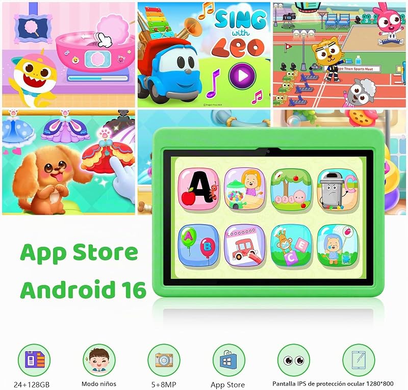 Tablet para Niños 10 Pulgadas, Tablet Infantil Android 16 Cinco Núcleos, 24GB RAM 128GB ROM, Pantalla IPS HD 1280×800, Batería 6000mAh, Control Parental, WiFi 6 Bluetooth (Verde) — foto 2 de 7