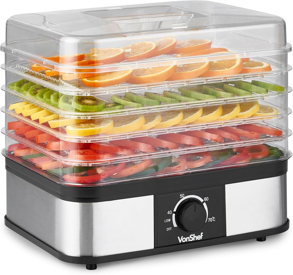 VonShef Food Dehydrator 5 Tier 250W Temperature 40-70C Stainless