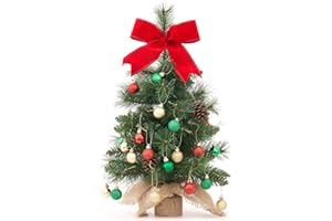 Plus tard Small Christmas Tree 24 Inches Green Artificial Mini Decorative Xmas Trees Pine Needles Burlap Base Mix Ornaments Sets Red Bow Topper Holiday Tabletop Centerpiece Indoor Decor