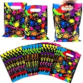 Omlisca Neon Party Favors Gift Bags 50 Pcs Art Paint Splatter Colorful Goodie Bags Plastic Candy Treat Bags with Handles for Birthday Shower Neon Retro 80's 90's Theme Party Supplies Decorations