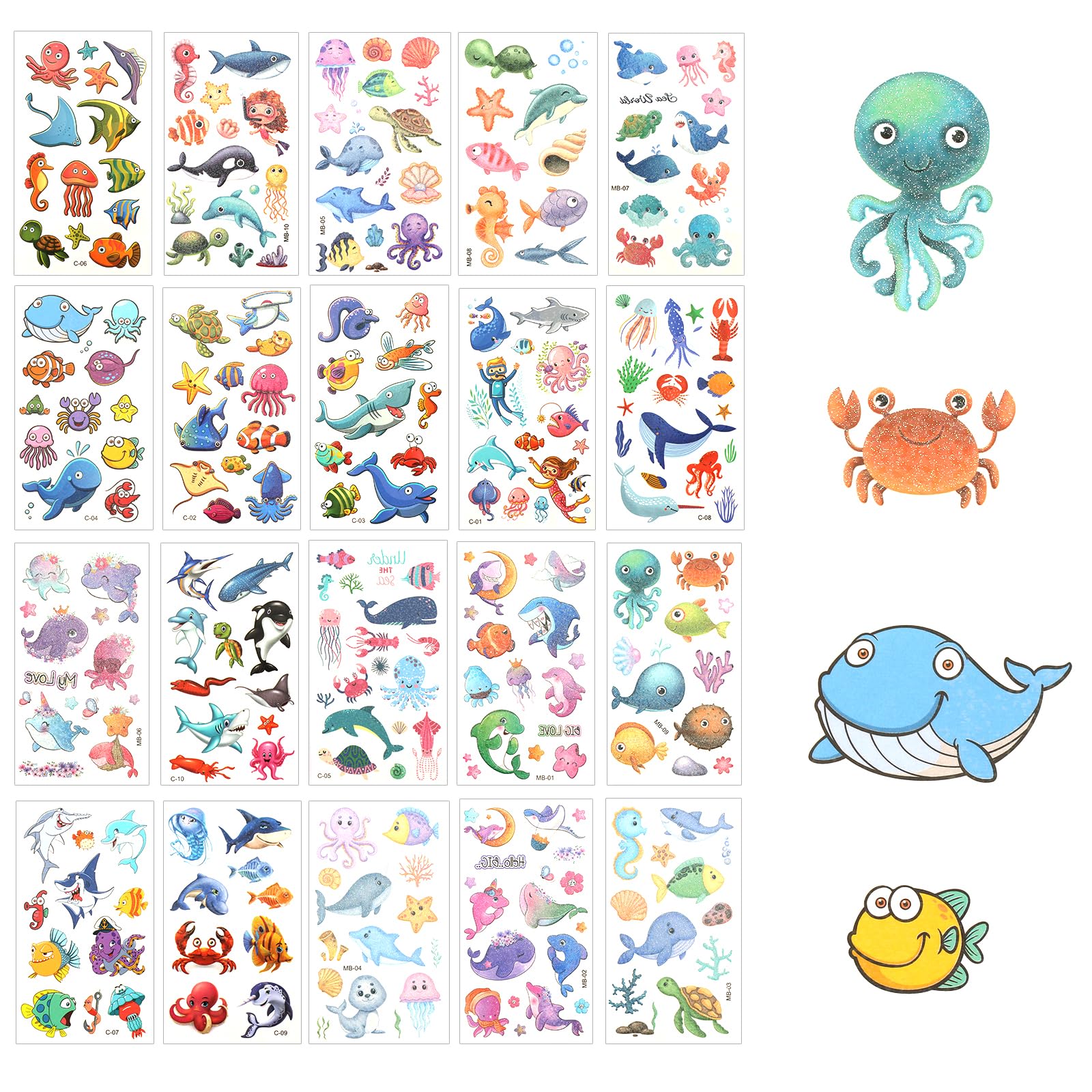 20 Sheets Ocean Temporary Tattoos - Over 210 Styles Cartoon and Glitter Ocean Sea Animals Under the Sea Tattoos for Kids Beach Party Decorations