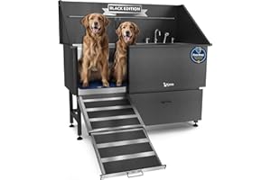 KANIS Black Line Professional Dog Washing Station - 304 Stainless Steel Pet Wash Sink & Grooming Bathtub w/Shower, Floor Grates and Storage for Large, Medium & Small Pets (61", 1 Drawer - Left Ramp)