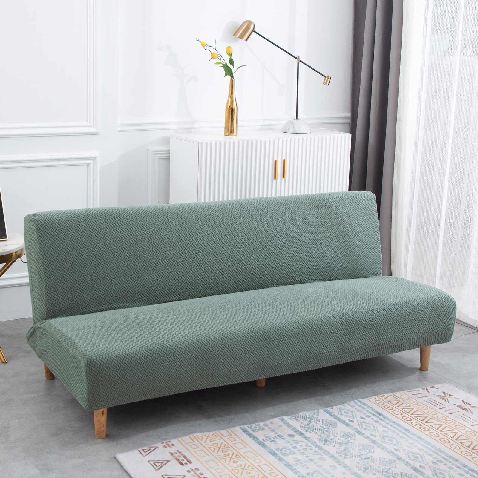 Topchances Futon Sofa Bed Cover Armless - Folding Stretch Futon Sofa Covers with No Arms, Armless Sofa Bed Slipcover Seat Couch Protector Fits for 2-3 Seater Folding Sofa Bed No Arms (Weave Cyan)