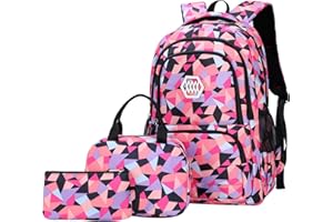 JiaYou Girl Geometric Printed Primary Junior High University School Bag Bookbag 3pcs Backpack Sets(2# Black-3pcs,35 L)