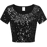 OThread & Co. Women's Glitter Sequin Short Sleeve Crop Top Night Out Party Shirts