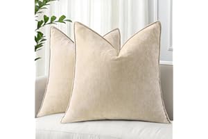 decorUhome Christmas Couch Throw Pillow Covers 18x18 Set of 2, Decorative Soft Euro Velvet Neutral Chenille Pillow Covers with Elegant Design for Sofa Bed Living Room Home Decor, Beige