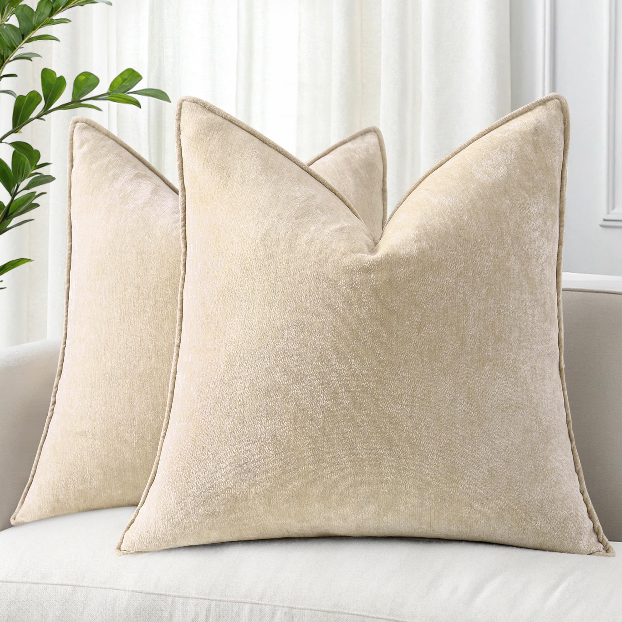 Photo 1 of decorUhome Couch Throw Pillow Covers 18x18 Set of 2, Decorative Soft Euro Neutral Chenille Pillow Covers with Elegant Design for Sofa Bed Living Room Home Decor, Beige