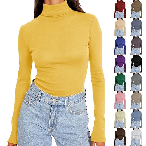 Long Sleeve Tops Women Turtleneck Solid Inner Basic Ladies Sweatshirts Classic Lightweight Tight Fit Womens Sweaters Pullover Soft Comfy Casual Fashion Tunic Top Round Neck Women's Jumpers Shirts