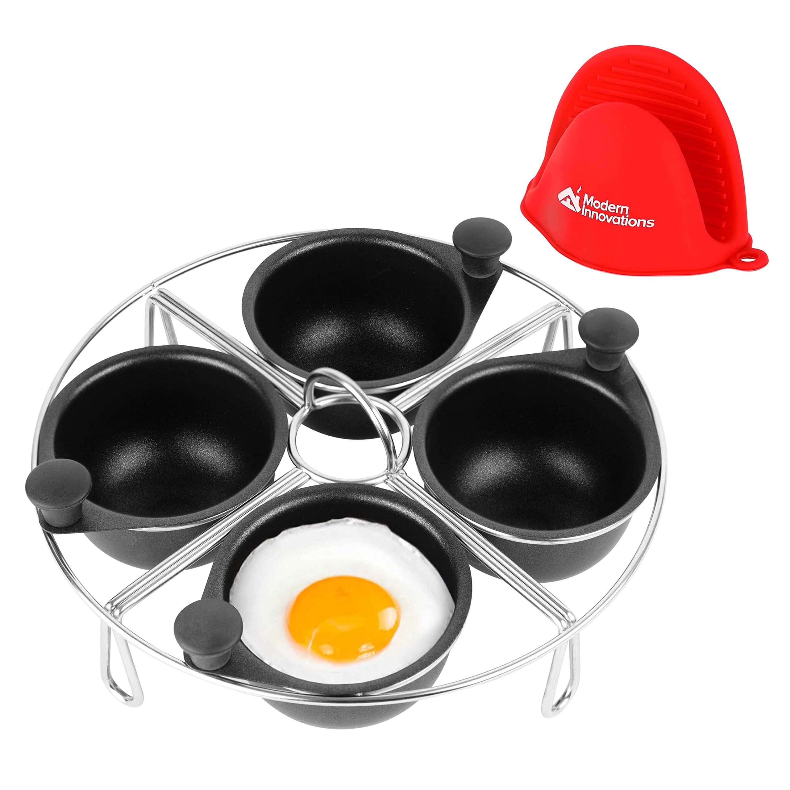 Modern Innovations Stainless Steel 4-Cup Egg Poacher Tray - Complimentary Silicone Mitt - Egg Poacher Insert for Poaching Eggs & Eggs Benedict - Compatible with Most Pans