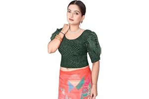 SEEANS Women’s Readymade Saree Blouse - Stretchable Polyester, Gold Glitter Design, Puff Sleeves for Weddings & Events
