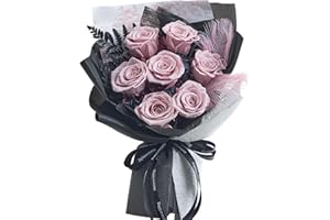 Mosstory Preserved Flowers Bouquet 7 Roses Bouquet Flowers Fresh Bouquet Flower Preserved Gift for Her Anniversary Birthday Valentine's Day Mother's Day Wedding (Dusty Pink Roses,Black White Paper)